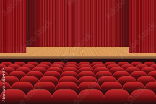 The image showcases a classic theatrical stage, featuring rich red curtains drawn back to reveal a wooden stage, with rows of plush red seating ready for an audience.