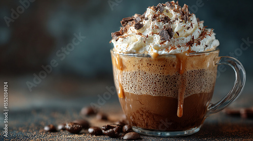 Close up of a glass mug filled with a coffee drink topped with whipped cream and chocolate shavings