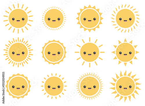 Twelve cartoon sun icons are arranged on a white background, each featuring cute smiling faces with unique rays. They bring a bright, cheerful, and whimsical mood.