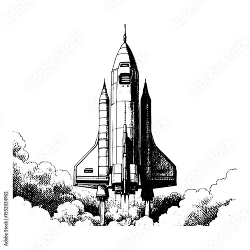 Rocket sketch engraving black and white outline. Scratch board imitation.  illustrated in vintage line art style on a white background.