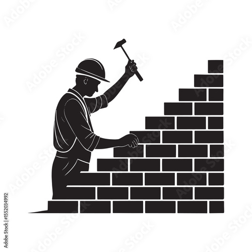 Silhouette of a construction worker wearing a hard hat building a brick wall with a hammer and trowel