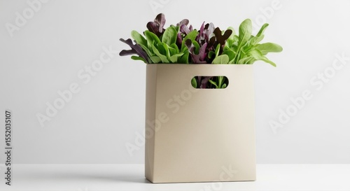 Fresh baby greens protrude from a cream colored shopping bag against a white background