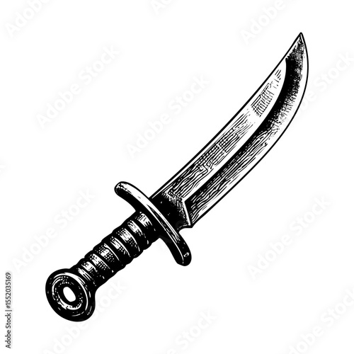 Machete knife sketch engraving black and white outline. Scratch board imitation.  illustrated in vintage line art style on a white background.
