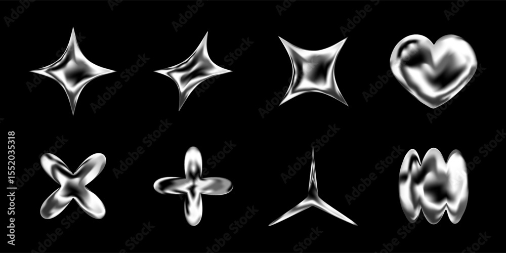 Obraz premium 3D chrome shapes in Y2K silver style with stars, hearts and metallic liquid elements. Glossy futuristic icons and geometric figures. Isolated abstract gradient objects with sparkles. Eps illustration