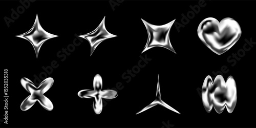 3D chrome shapes in Y2K silver style with stars, hearts and metallic liquid elements. Glossy futuristic icons and geometric figures. Isolated abstract gradient objects with sparkles. Eps illustration