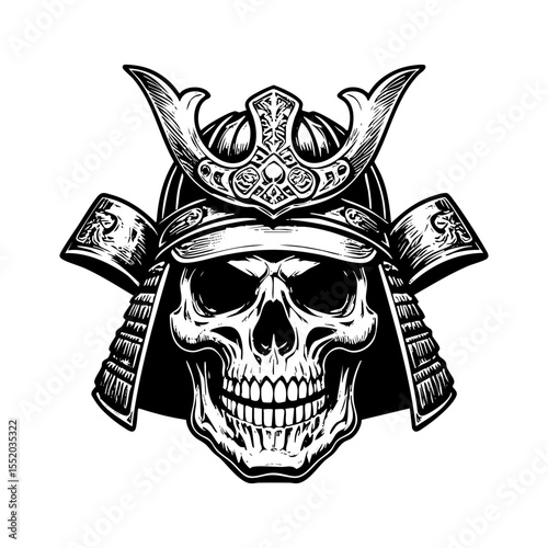 skull wear samurai helmet engraving black and white outline. Scratch board imitation.