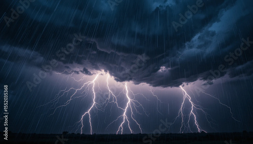 Dramatic lightning strikes illuminate stormy sky, showcasing nature power and beauty
