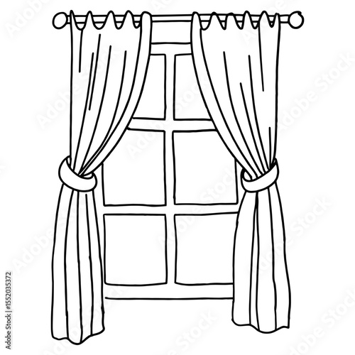 The curtained window is hand-drawn in doodle style.