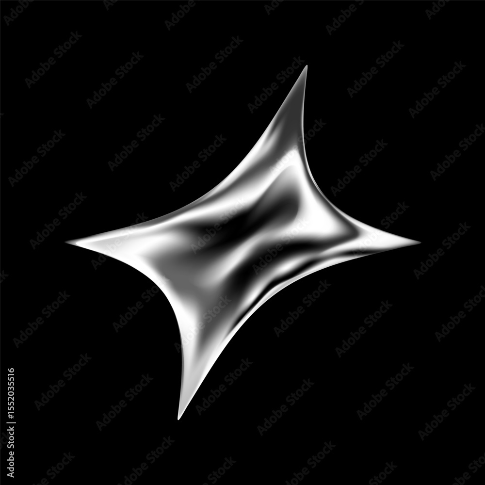 Fototapeta premium 3D chrome star in shiny silver shape and Y2K futuristic style. Abstract metallic element with glitter, gradient and cosmic sparkle. Sleek holographic icon with fluid form and galaxy inspired flash.