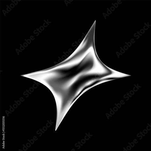 3D chrome star in shiny silver shape and Y2K futuristic style. Abstract metallic element with glitter, gradient and cosmic sparkle. Sleek holographic icon with fluid form and galaxy inspired flash.