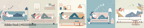 Flat Vector of Men Relaxing and Sleeping Peacefully on Sofa