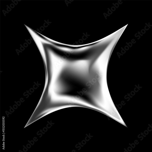 3D chrome star in abstract silver elements and Y2K style. Glossy holographic shape with spark, glitter and cosmic shine. Futuristic metallic symbol with fluid geometry and galaxy shimmer.