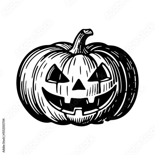 jack o lantern pumpkin sketch engraving black and white outline. Scratch board imitation.  illustrated in vintage line art style on a white background.