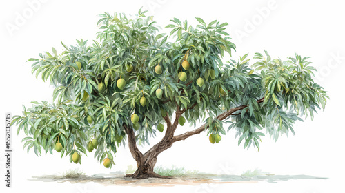 Watercolor Illustration of Mango Tree – Mangifera Indica with Fruits and Leaves