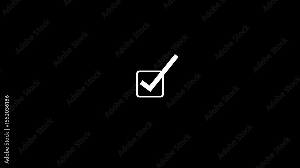 Animated white checkmark in a square box against a black background representing approval or completion
