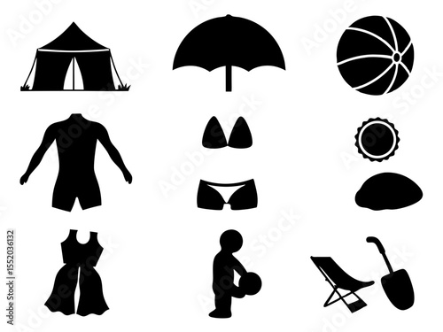 Summer Vacation Icons Tent, Beach Ball, Swimsuit