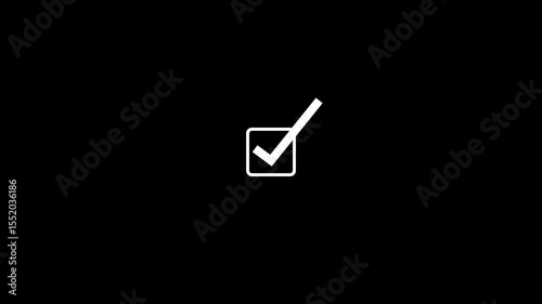 Animated white checkmark in a square box against a black background representing approval or completion