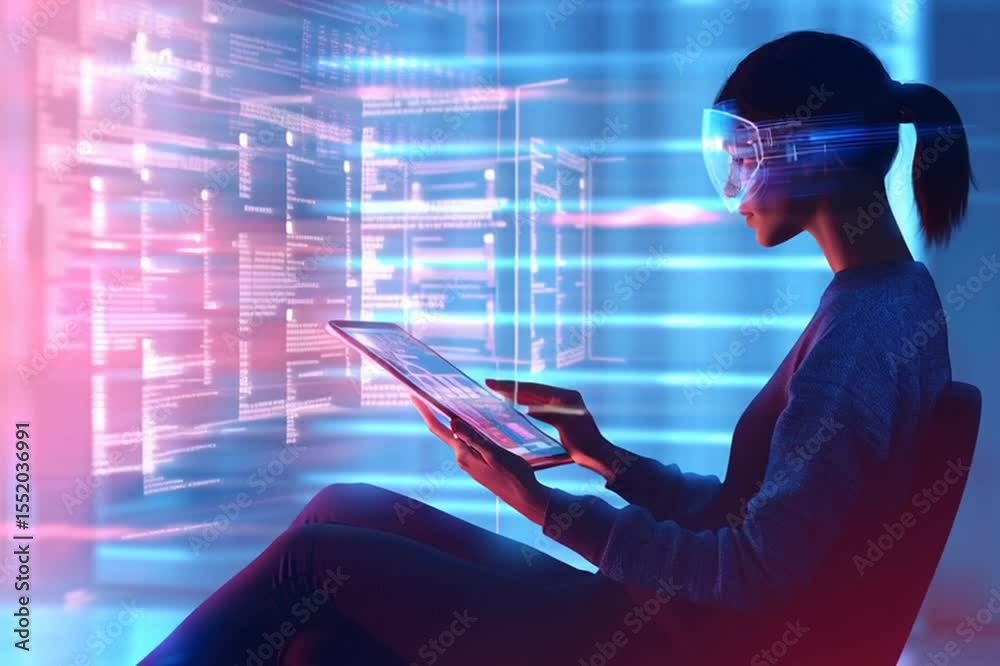 Persona Leyendo Noticias en Tablet con Hologramas y Realidad Aumentada generativa IA