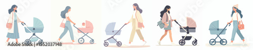 Flat Vector Collection of Women Walking with Baby Strollers in Soft Pastel Colors