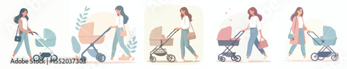 Modern Flat Illustration Set of Stylish Moms Walking with Baby Strollers