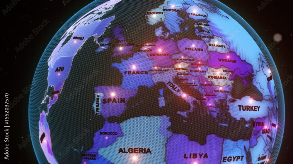 a digital-style map of parts of Europe and Scandinavia, 3d rendering, Illustration, animation,