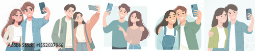 Cute Couples Taking Selfies – Happy Romantic Moments Vector Illustration Set