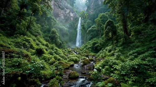 A view of a waterfall surrounded by lush green vegetation and rocks