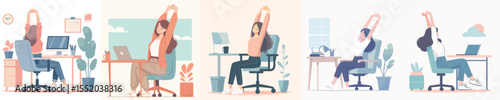 Flat Vector Set of Women Stretching in Office – Relaxation Break at Work Desk
