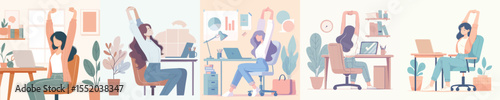 Office Woman Stretching at Desk – Flat Vector Illustration Set for Workplace Relaxation