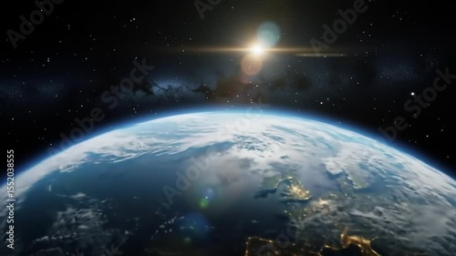 Earth from space view with city lights and sun glare in a starry sky background animation loop