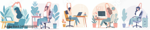 Woman Stretching While Working on Laptop – Office Break Illustration Set