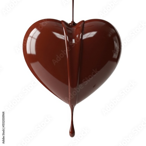 Glossy heart made of chocolate is isolated as melted chocolate pours over the top