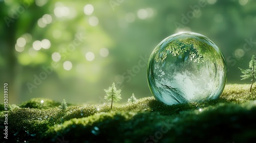 Crystal Globe: A serene, close-up capture of a crystal ball resting upon a moss-covered surface, reflecting a vibrant, lush forest environment.