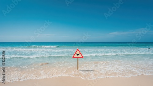 Beach Warning Sign: No Drones Allowed with Serene Ocean Background
