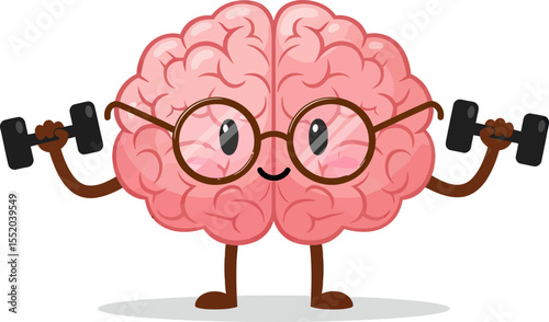 A Cartoon Brain Exercising With Dumbbells Wearing Glasses