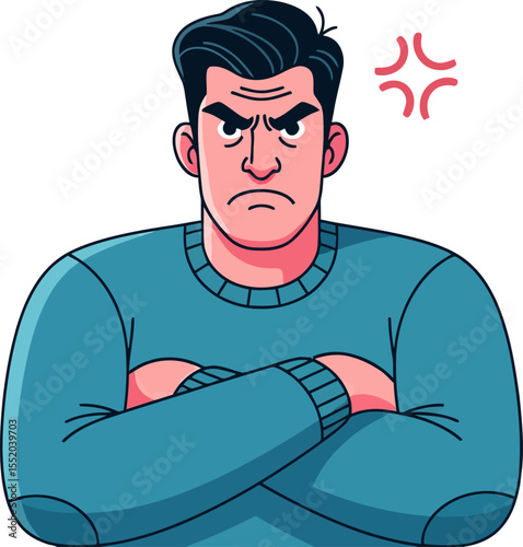 Man with folded arms looking angry with red anger symbols above head