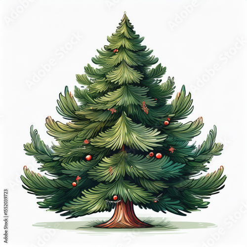 Beautifully Illustrated Evergreen Tree with Pinecones and Red Ornaments on White Background