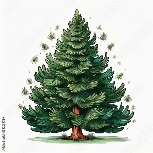 Detailed Illustration of a Lush Evergreen Tree with Falling Leaves