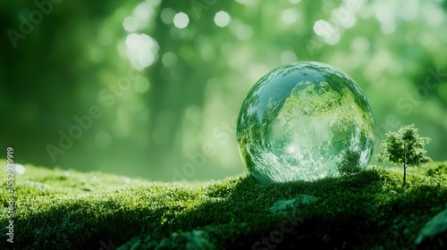 Crystal Globe and Sapling: A crystal globe reflecting a verdant forest rests on a bed of moss beside a tiny sapling, symbolizing environmental preservation and the delicate balance of nature.