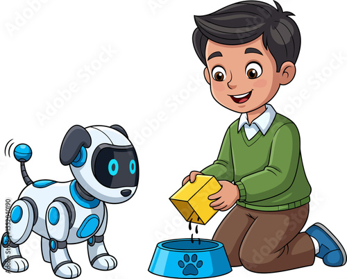 Young boy happily feeding his electronic robotic dog from a blue bowl