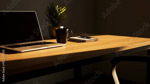 Sunlight Illuminates Organized Office Desk with Laptop and Notebook
