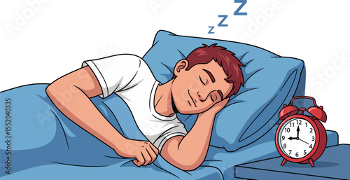 Young Man Sleeping Soundly in Bed Next to an Alarm Clock Ready to Wake Him Up