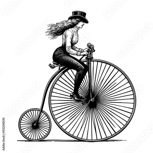 Woman riding penny farthing bicycle sketch engraving black and white outline. Scratch board imitation.  illustrated in vintage line art style on a white background.