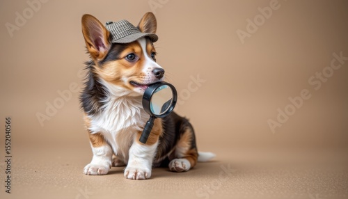 Adorable Corgi puppy wea detective hat holding magnifying glass against plain beige background, playful dog with inquisitive expression and cute accessories