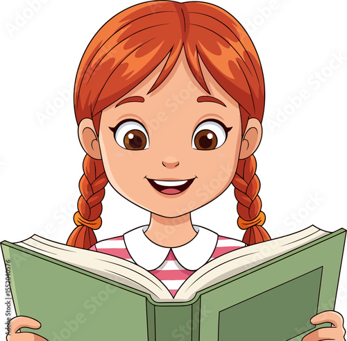 Happy young girl with red braided hair engrossed in reading an open book educational activity