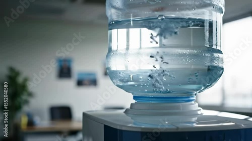Water Bottle Being Placed on Office Water Cooler for Refreshment