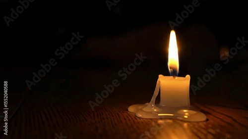 White Candle Burning Peacefully on Wooden Surface for Reflection