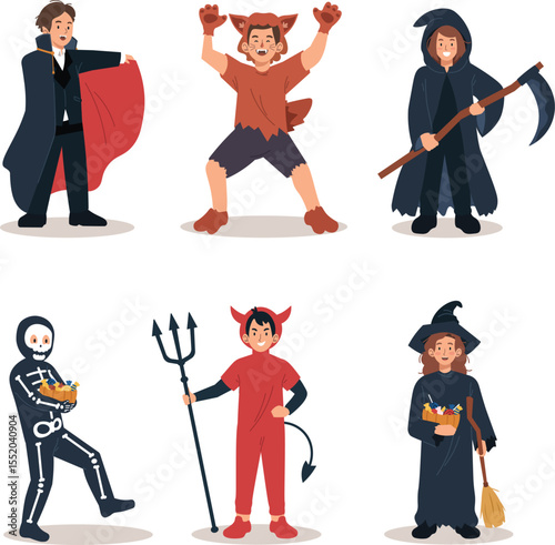 Spooky Fun Kids in Halloween Costumes - Vector Illustration
