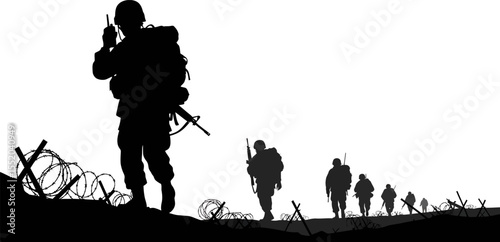 Soldiers marching forward through a desolate landscape with barbed wire obstacles representing conflict and perseverance