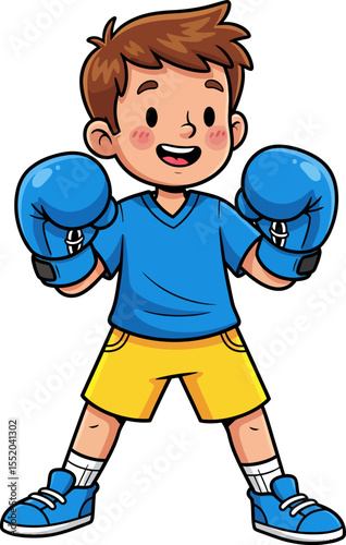 Young Boy Ready for a Boxing Match Wearing Blue Gloves and Yellow Shorts
